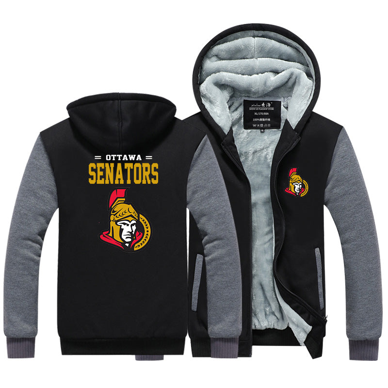 Ottawa Senators Hockey Team Unisex Lined Hoodie Fleece Sweatshirt Full Zipper Hooded Thicken Jacket