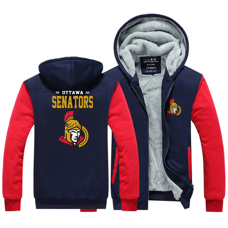 Ottawa Senators Hockey Team Unisex Lined Hoodie Fleece Sweatshirt Full Zipper Hooded Thicken Jacket