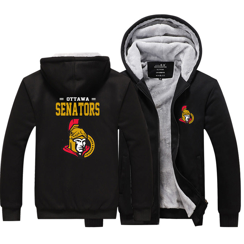Ottawa Senators Hockey Team Unisex Lined Hoodie Fleece Sweatshirt Full Zipper Hooded Thicken Jacket