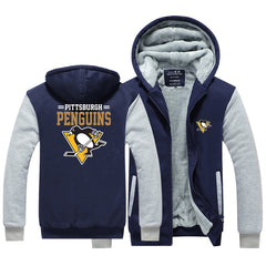 Pittsburgh Penguins Jackets Hockey Team Unisex Lined Hoodie Fleece Sweatshirt Full Zipper Hooded Thicken Jacket
