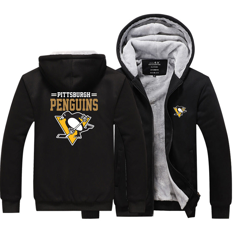 Pittsburgh Penguins Jackets Hockey Team Unisex Lined Hoodie Fleece Sweatshirt Full Zipper Hooded Thicken Jacket