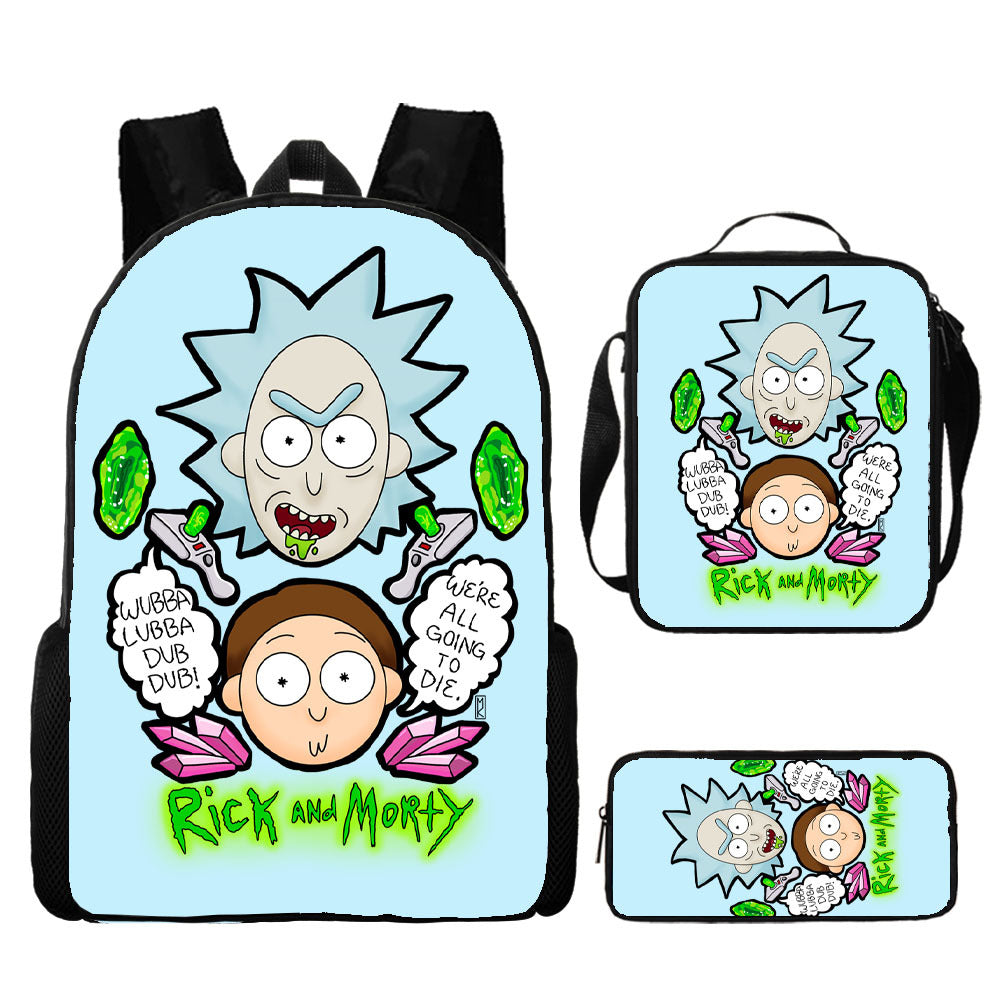 Rick and Morty Full Printed Backpack Schoolbag Travel Notebook Bag Lunch Bag Pencil Bag for Kids Students 3PCS