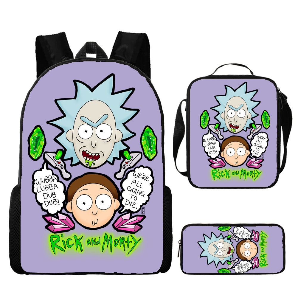 Rick and Morty Full Printed Backpack Schoolbag Travel Notebook Bag Lunch Bag Pencil Bag for Kids Students 3PCS