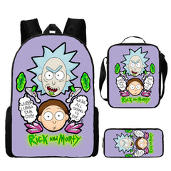 Rick and Morty Full Printed Backpack Schoolbag Travel Notebook Bag Lunch Bag Pencil Bag for Kids Students 3PCS