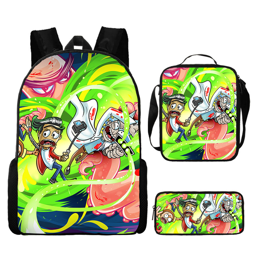 Rick and Morty Full Printed Backpack Schoolbag Travel Notebook Bag Lunch Bag Pencil Bag for Kids Students 3PCS