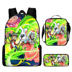 Rick and Morty Full Printed Backpack Schoolbag Travel Notebook Bag Lunch Bag Pencil Bag for Kids Students 3PCS