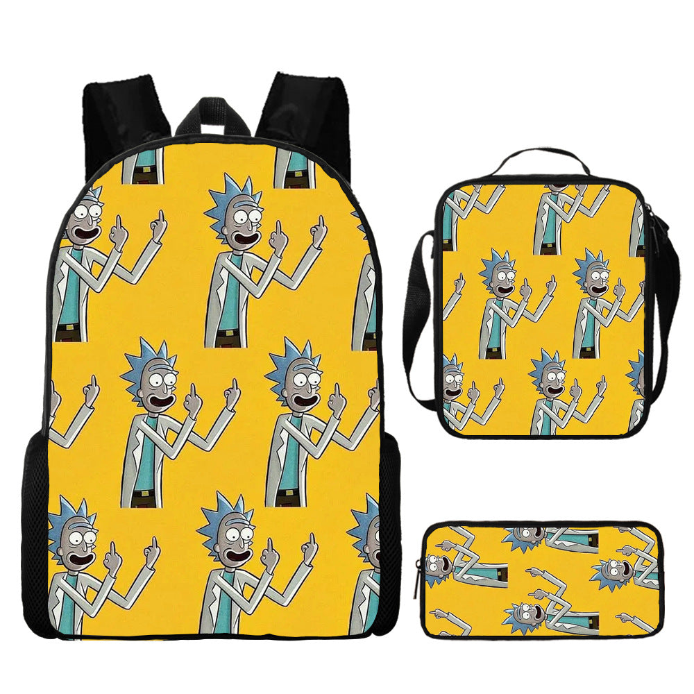 Rick and Morty Full Printed Backpack Schoolbag Travel Notebook Bag Lunch Bag Pencil Bag for Kids Students 3PCS