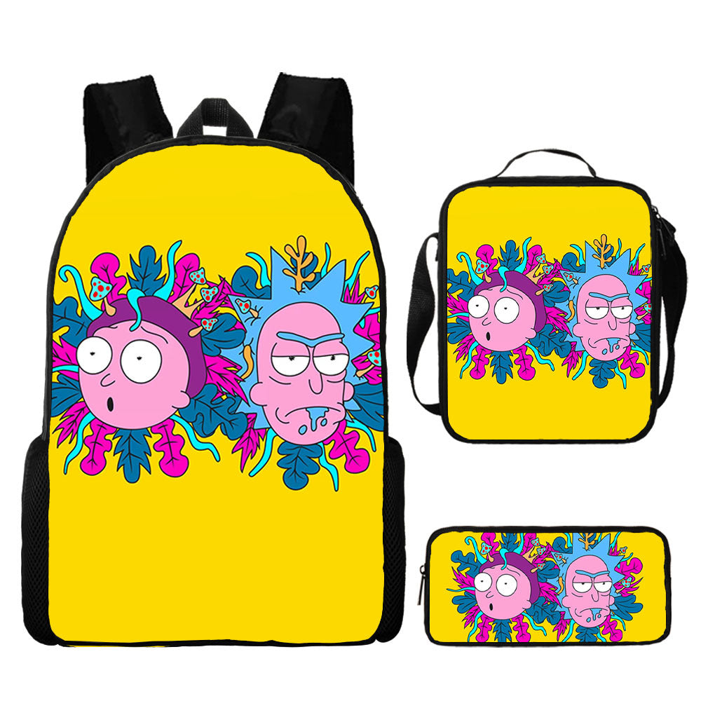 Rick and Morty Full Printed Backpack Schoolbag Travel Notebook Bag Lunch Bag Pencil Bag for Kids Students 3PCS