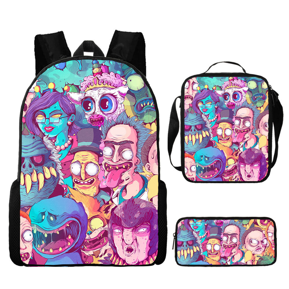 Rick and Morty Full Printed Backpack Schoolbag Travel Notebook Bag Lunch Bag Pencil Bag for Kids Students 3PCS