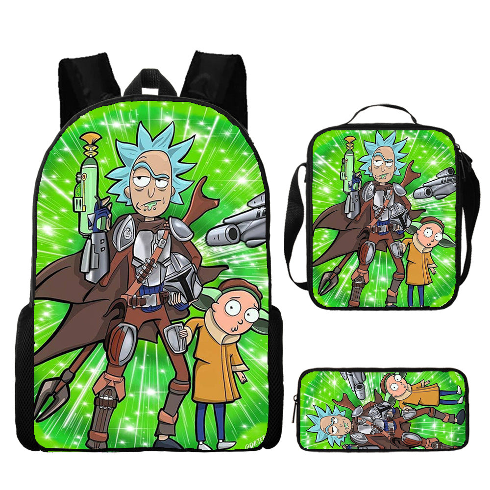 Rick and Morty Full Printed Backpack Schoolbag Travel Notebook Bag Lunch Bag Pencil Bag for Kids Students 3PCS