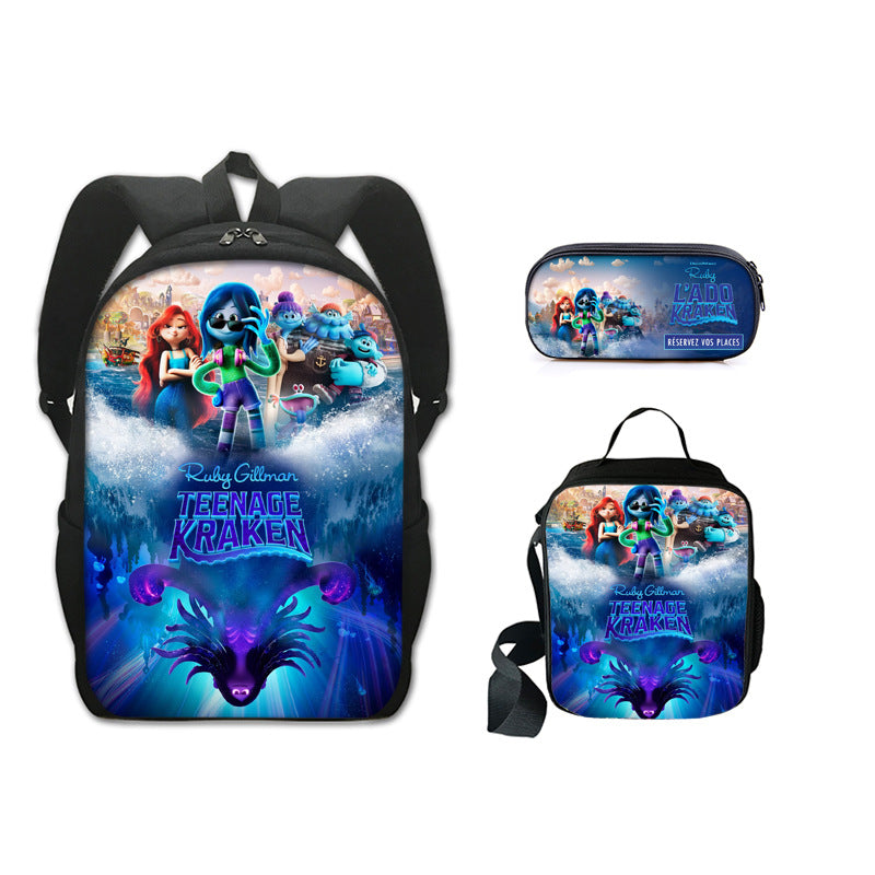 Ruby GillmanTeenage Kraken Full Printed Backpack Schoolbag Travel Notebook Bag Lunch Bag Pencil Bag for Kids Students 3PCS