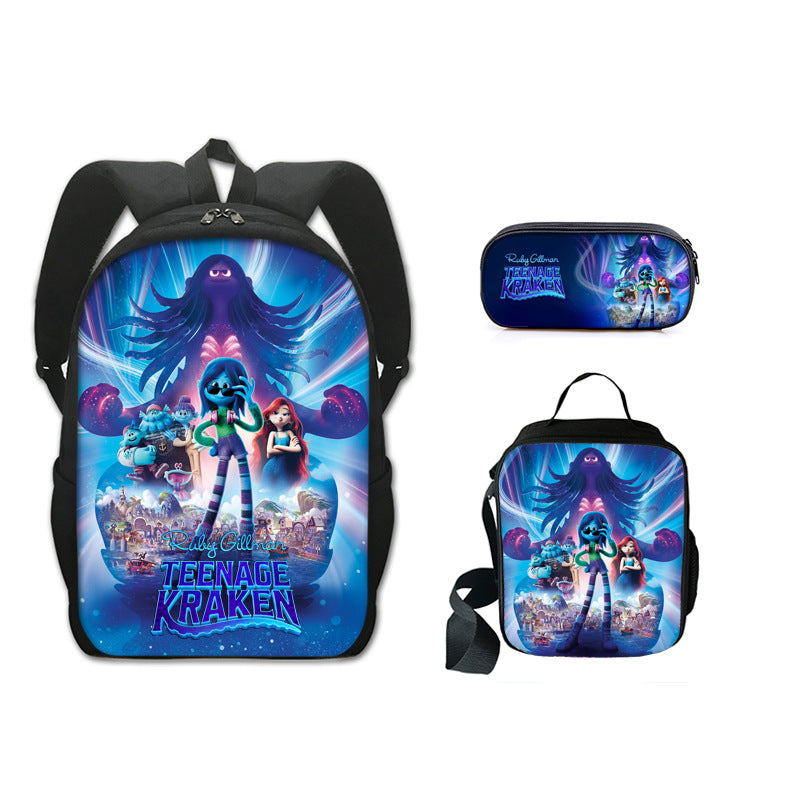 Ruby GillmanTeenage Kraken Full Printed Backpack Schoolbag Travel Notebook Bag Lunch Bag Pencil Bag for Kids Students 3PCS