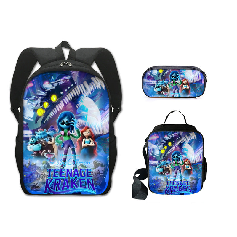 Ruby GillmanTeenage Kraken Full Printed Backpack Schoolbag Travel Notebook Bag Lunch Bag Pencil Bag for Kids Students 3PCS