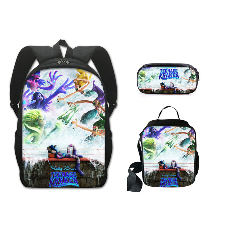 Ruby GillmanTeenage Kraken Full Printed Backpack Schoolbag Travel Notebook Bag Lunch Bag Pencil Bag for Kids Students 3PCS