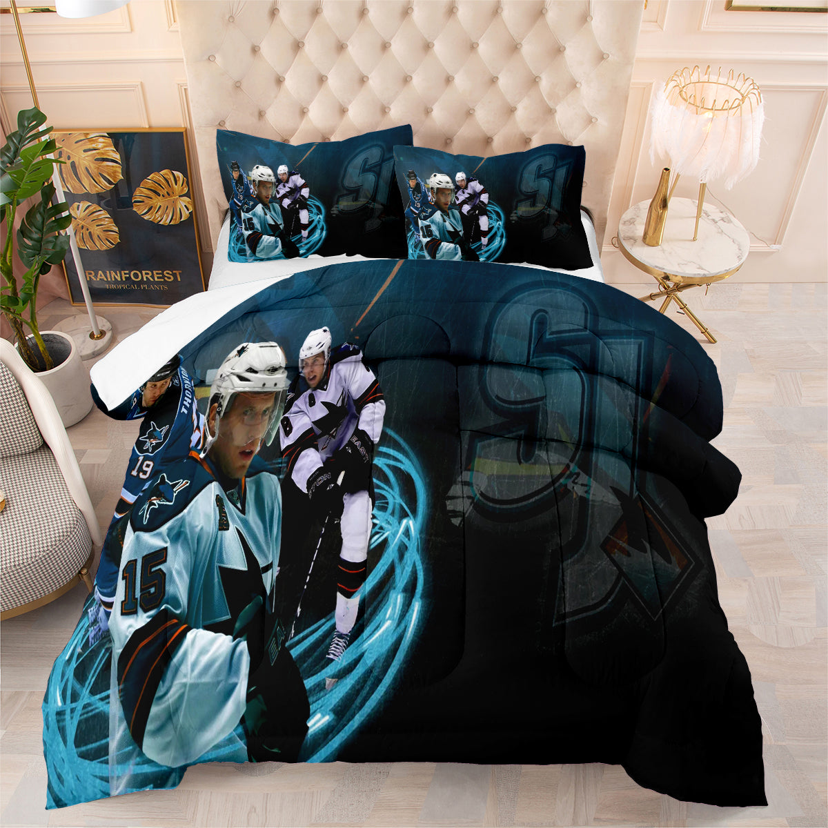 San Jose Hockey Sharks Comforter Pillowcases 3PC Sets Blanket All Season Reversible Quilted Duvet