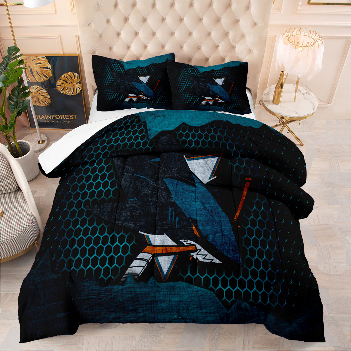 San Jose Hockey Sharks Comforter Pillowcases 3PC Sets Blanket All Season Reversible Quilted Duvet