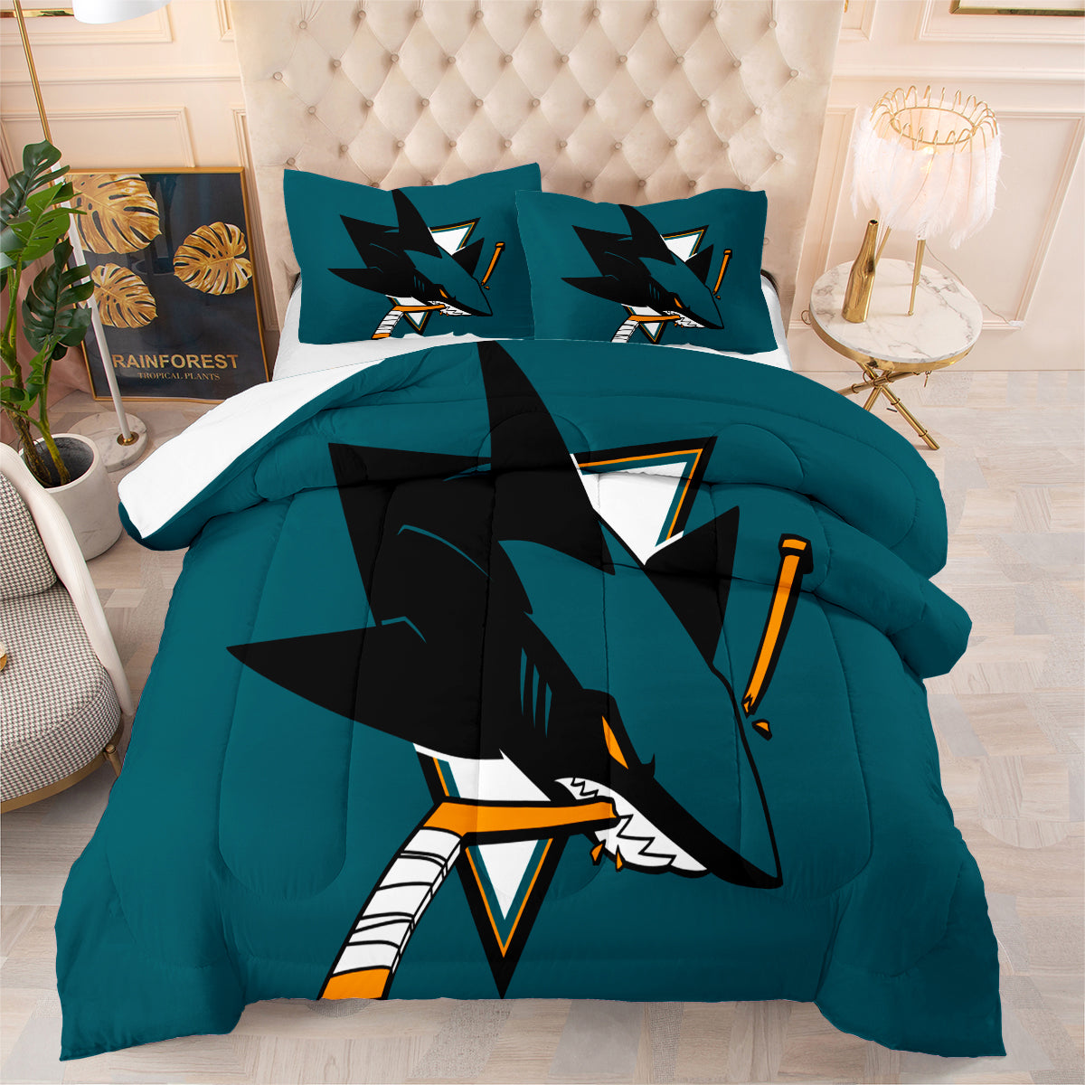 San Jose Hockey Sharks Comforter Pillowcases 3PC Sets Blanket All Season Reversible Quilted Duvet