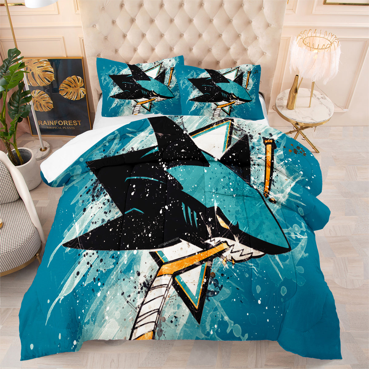 San Jose Hockey Sharks Comforter Pillowcases 3PC Sets Blanket All Season Reversible Quilted Duvet