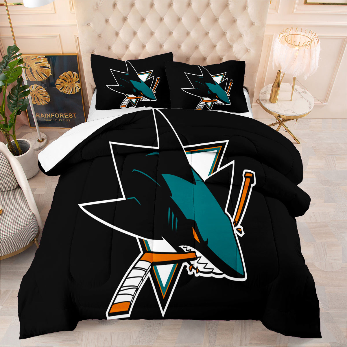San Jose Hockey Sharks Comforter Pillowcases 3PC Sets Blanket All Season Reversible Quilted Duvet