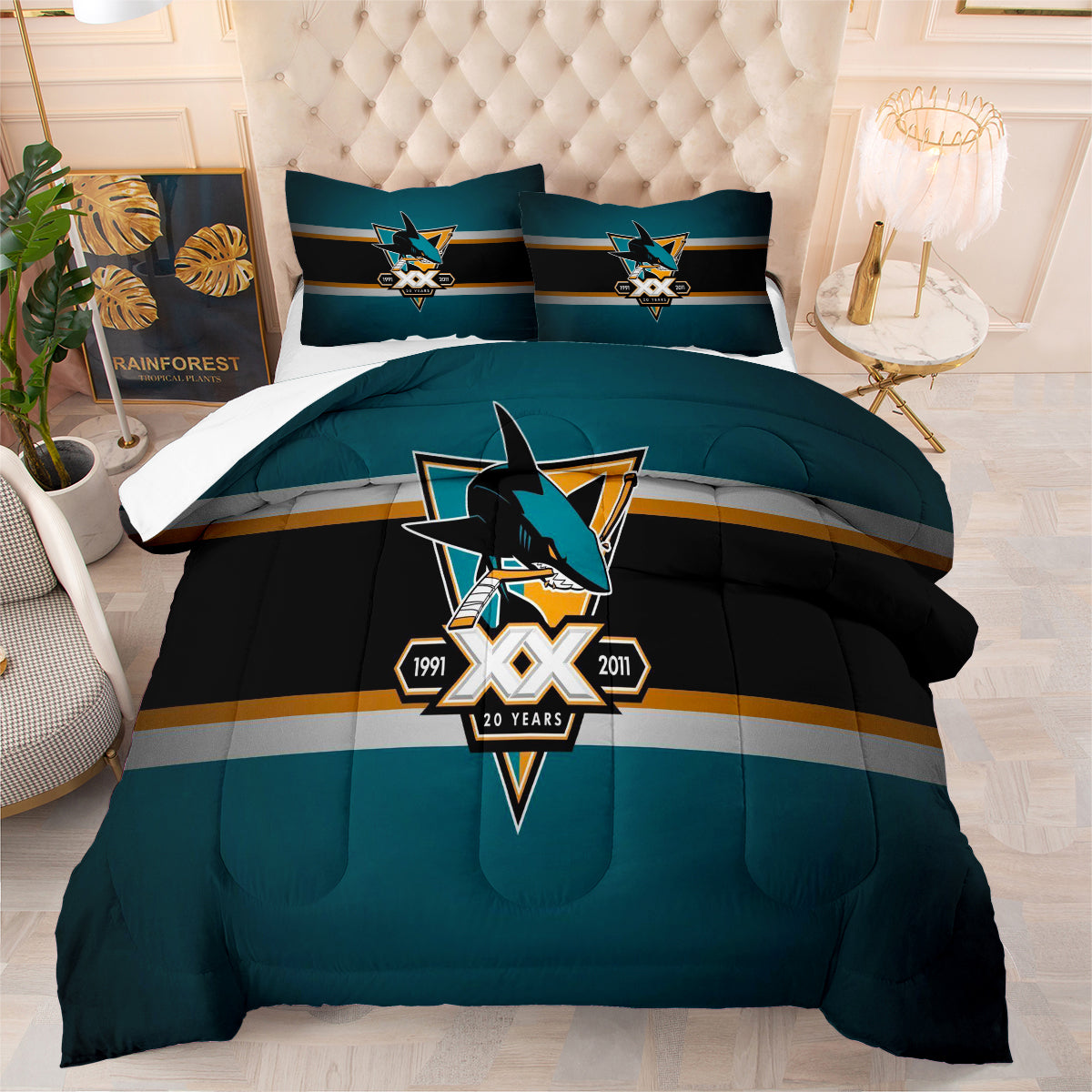 San Jose Hockey Sharks Comforter Pillowcases 3PC Sets Blanket All Season Reversible Quilted Duvet