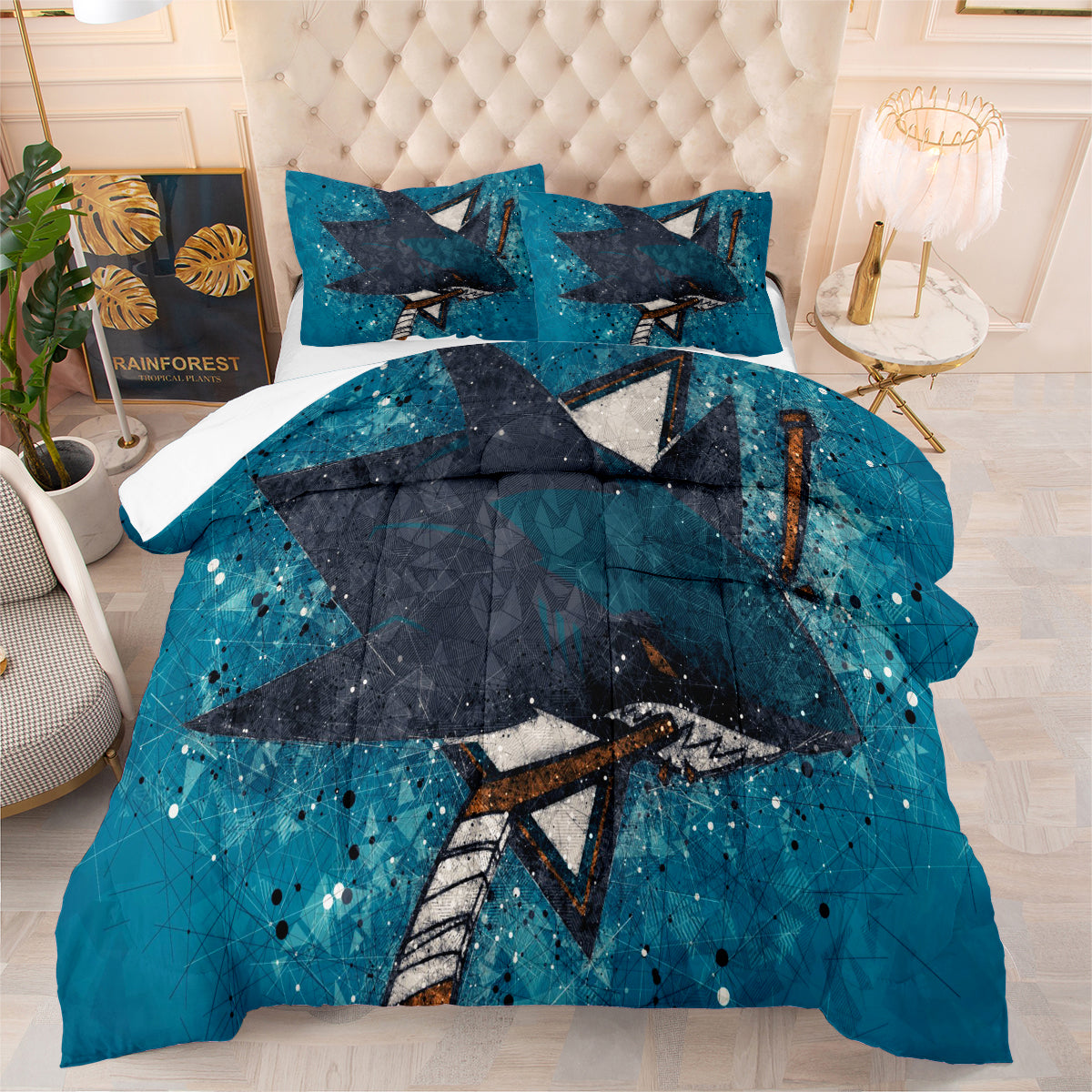 San Jose Hockey Sharks Comforter Pillowcases 3PC Sets Blanket All Season Reversible Quilted Duvet