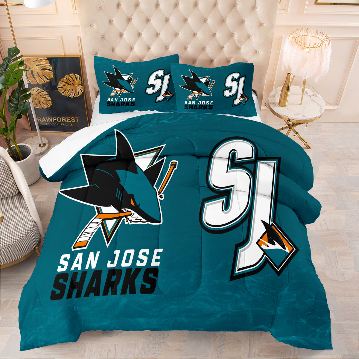 San Jose Hockey Sharks Comforter Pillowcases 3PC Sets Blanket All Season Reversible Quilted Duvet