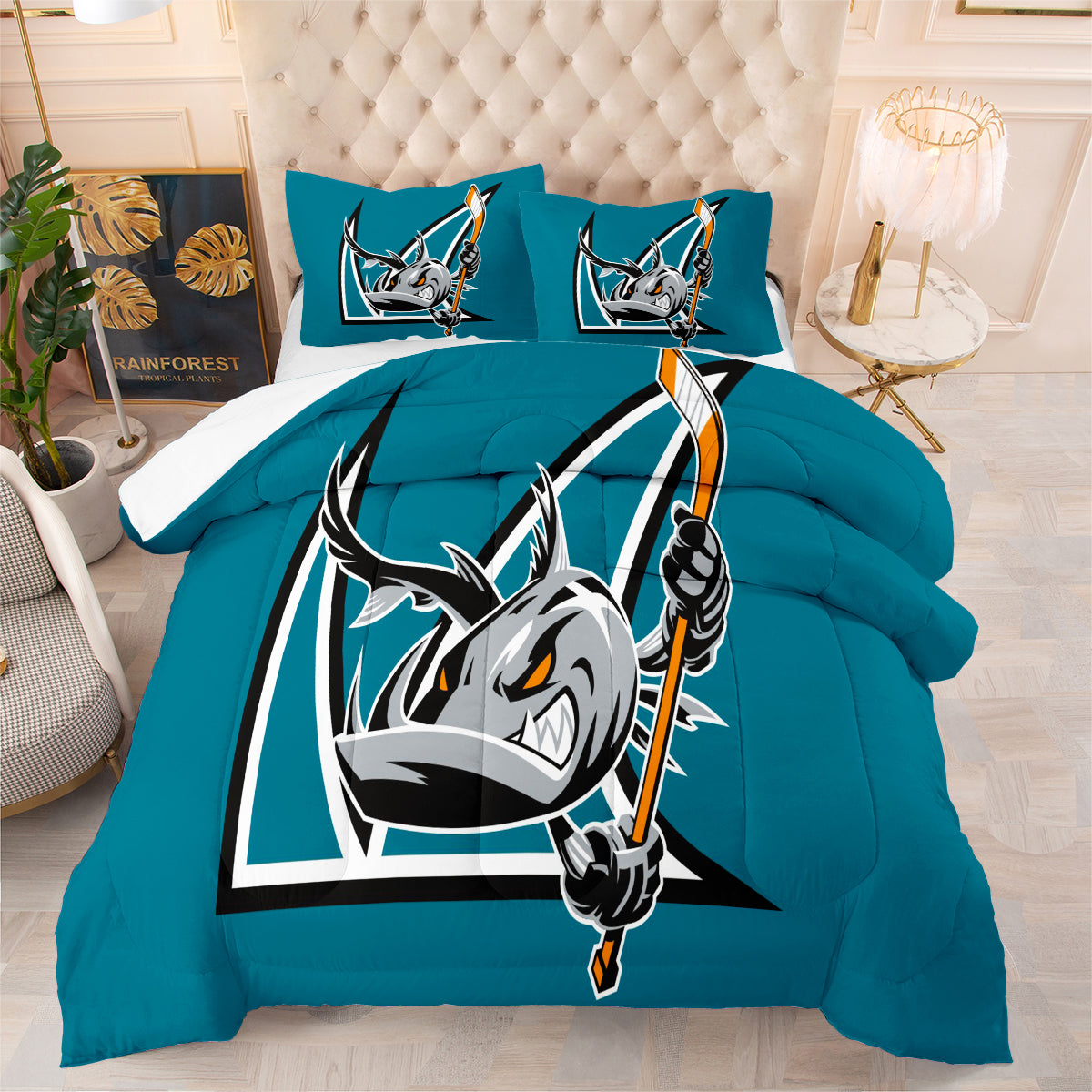 San Jose Hockey Sharks Comforter Pillowcases 3PC Sets Blanket All Season Reversible Quilted Duvet