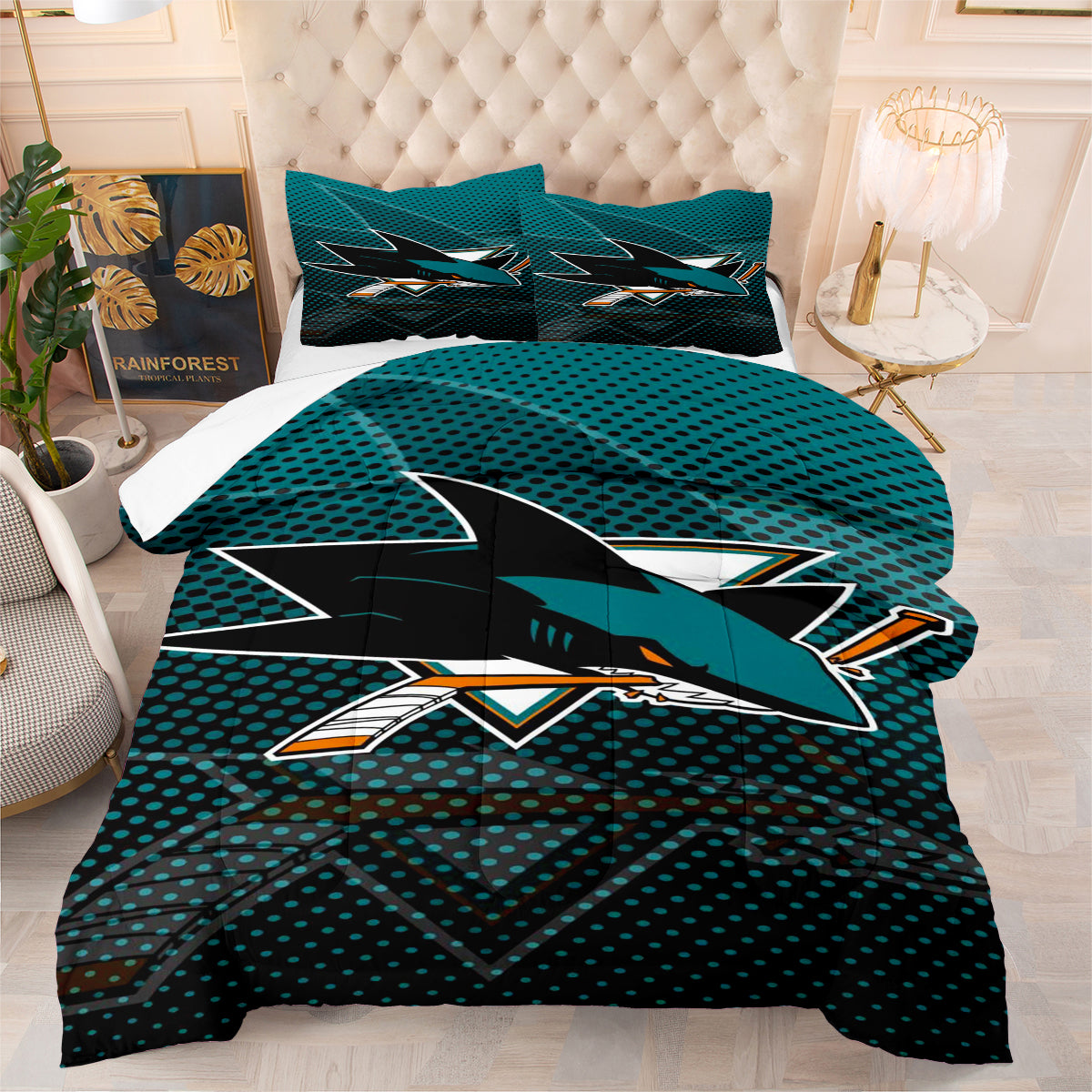 San Jose Hockey Sharks Comforter Pillowcases 3PC Sets Blanket All Season Reversible Quilted Duvet