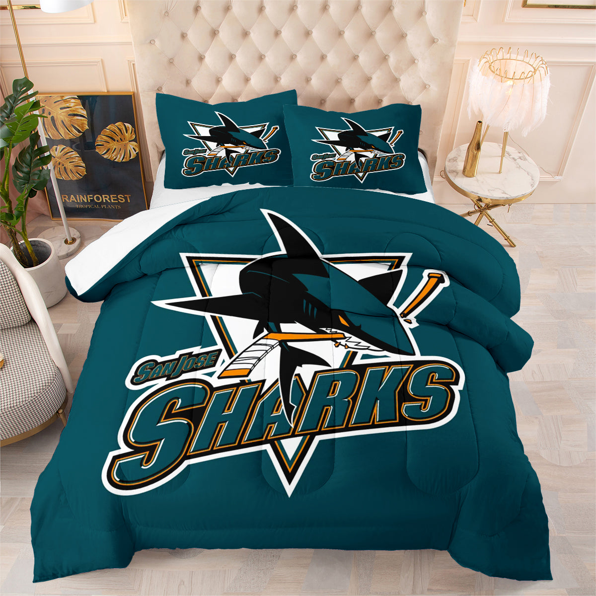 San Jose Hockey Sharks Comforter Pillowcases 3PC Sets Blanket All Season Reversible Quilted Duvet