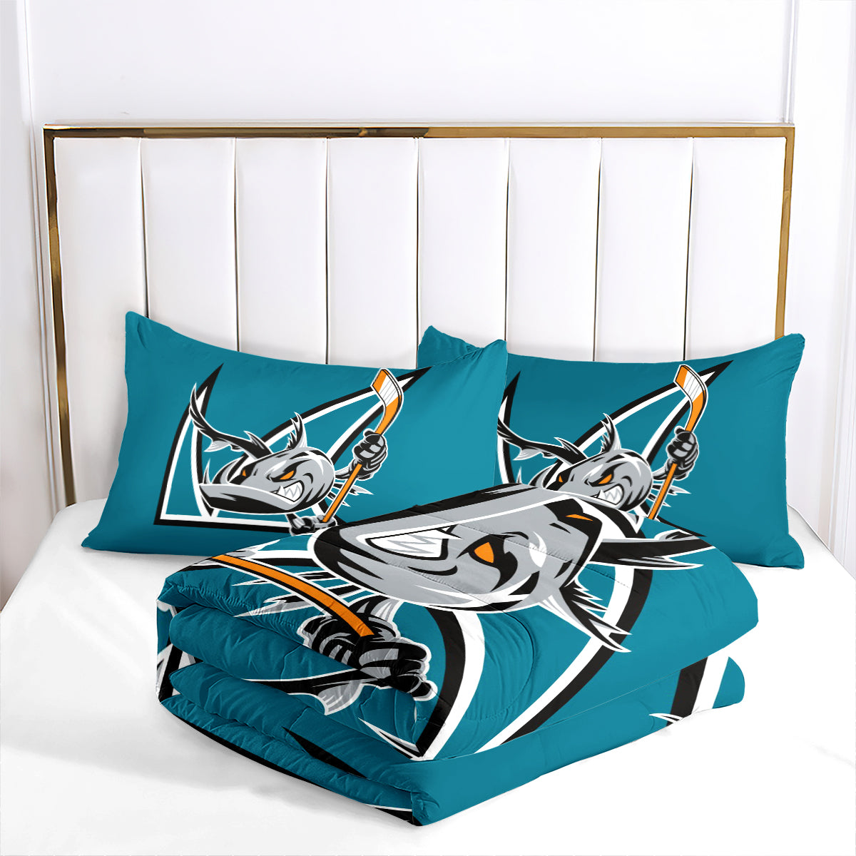 San Jose Hockey Sharks Comforter Pillowcases 3PC Sets Blanket All Season Reversible Quilted Duvet