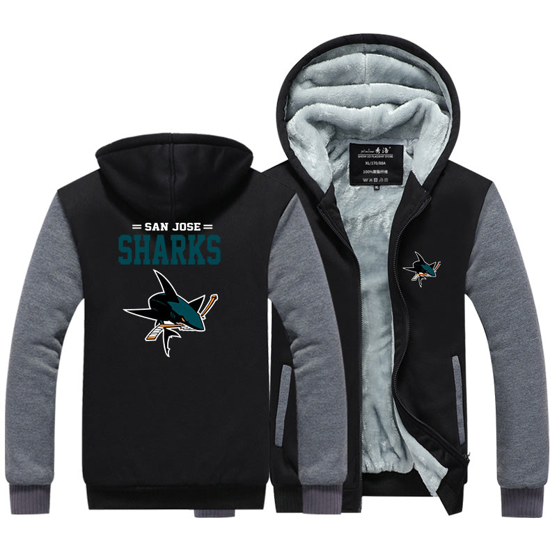 San Jose Sharks Jackets Hockey Team Unisex Lined Hoodie Fleece Sweatshirt Full Zipper Hooded Thicken Jacket