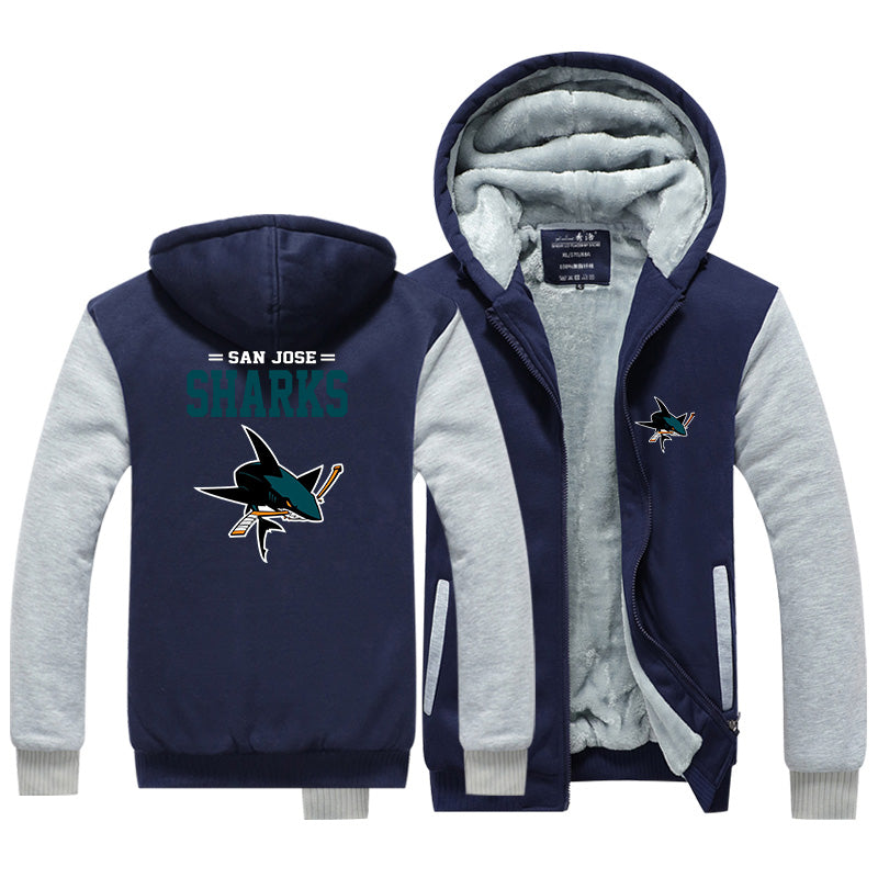 San Jose Sharks Jackets Hockey Team Unisex Lined Hoodie Fleece Sweatshirt Full Zipper Hooded Thicken Jacket