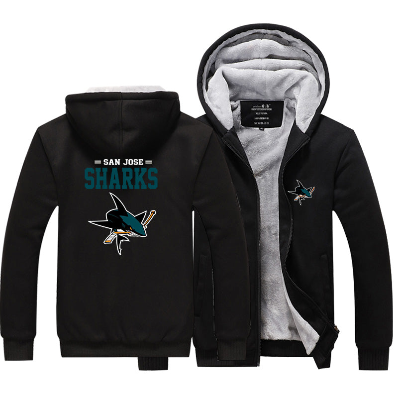 San Jose Sharks Jackets Hockey Team Unisex Lined Hoodie Fleece Sweatshirt Full Zipper Hooded Thicken Jacket