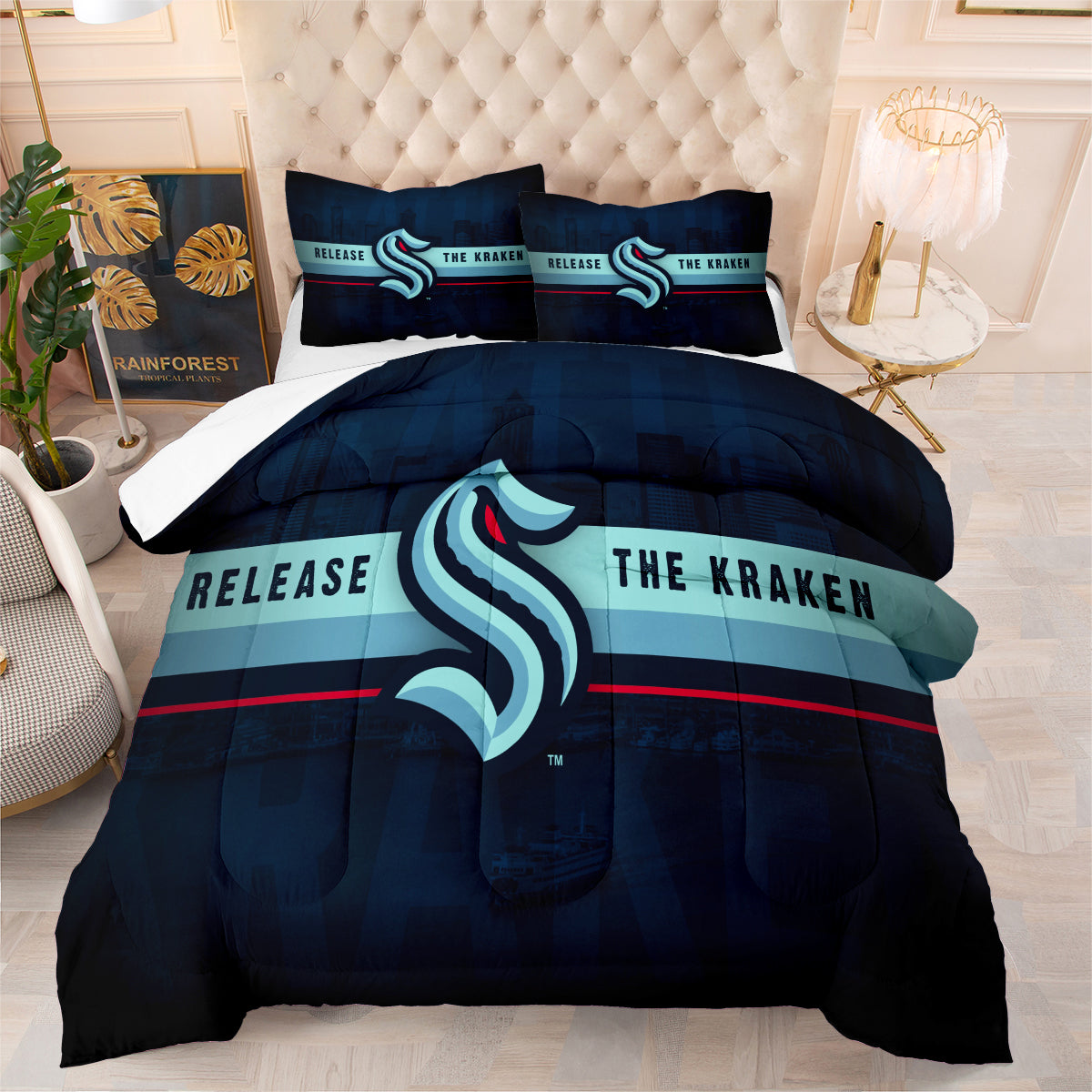 Seattle Hockey Kraken Comforter Pillowcases 3PC Sets Blanket All Season Reversible Quilted Duvet