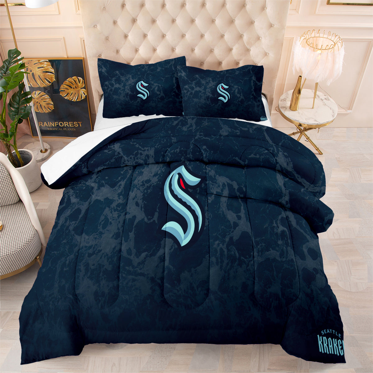 Seattle Hockey Kraken Comforter Pillowcases 3PC Sets Blanket All Season Reversible Quilted Duvet