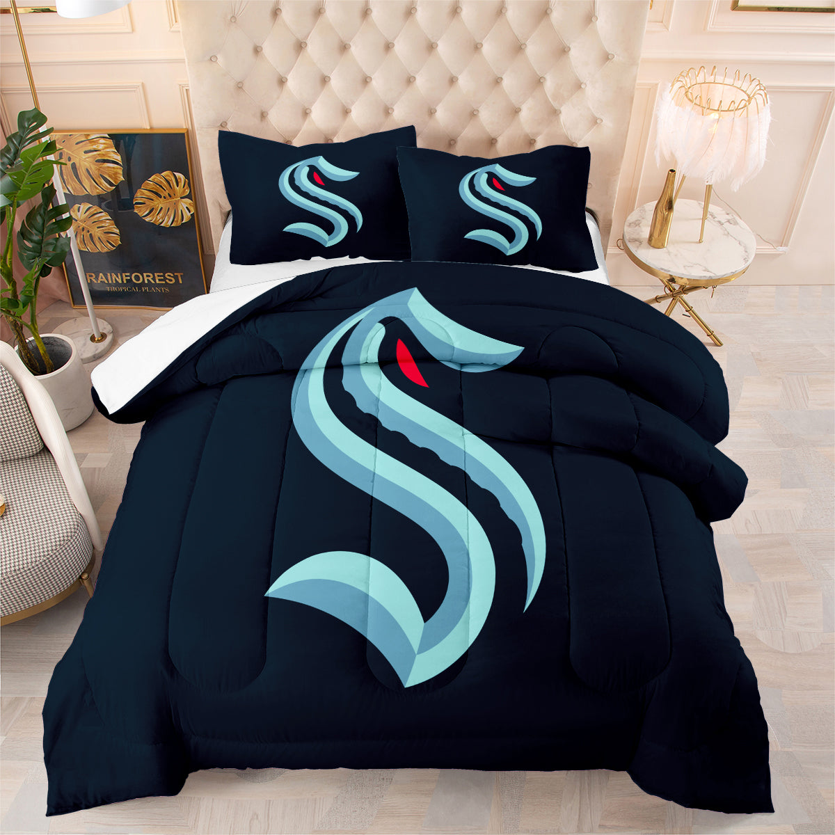 Seattle Hockey Kraken Comforter Pillowcases 3PC Sets Blanket All Season Reversible Quilted Duvet