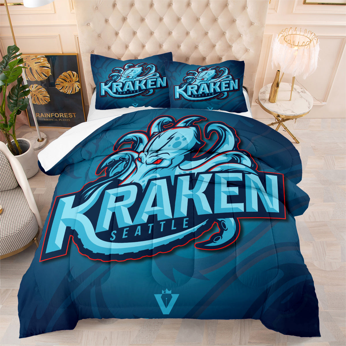 Seattle Hockey Kraken Comforter Pillowcases 3PC Sets Blanket All Season Reversible Quilted Duvet