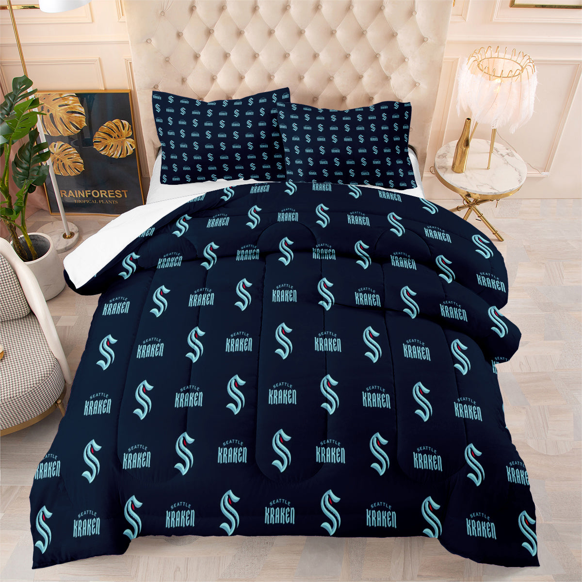 Seattle Hockey Kraken Comforter Pillowcases 3PC Sets Blanket All Season Reversible Quilted Duvet