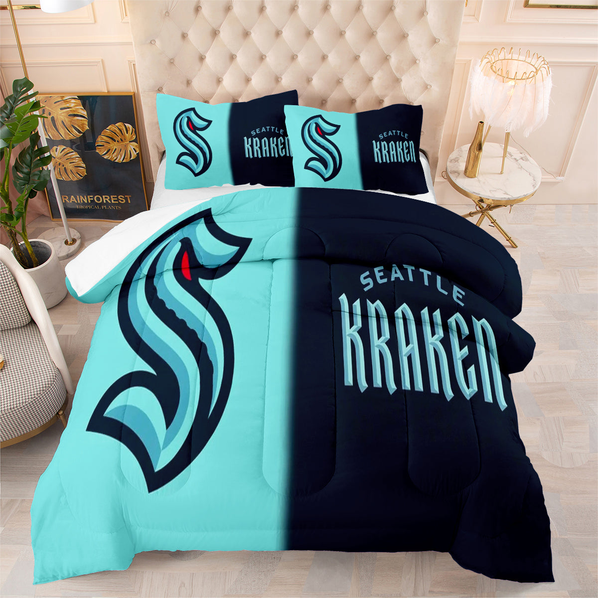 Seattle Hockey Kraken Comforter Pillowcases 3PC Sets Blanket All Season Reversible Quilted Duvet