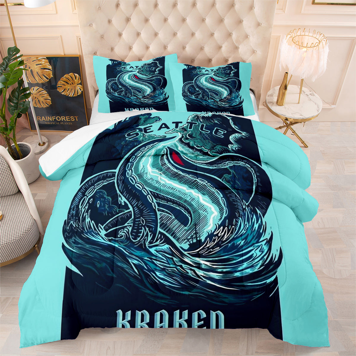 Seattle Hockey Kraken Comforter Pillowcases 3PC Sets Blanket All Season Reversible Quilted Duvet