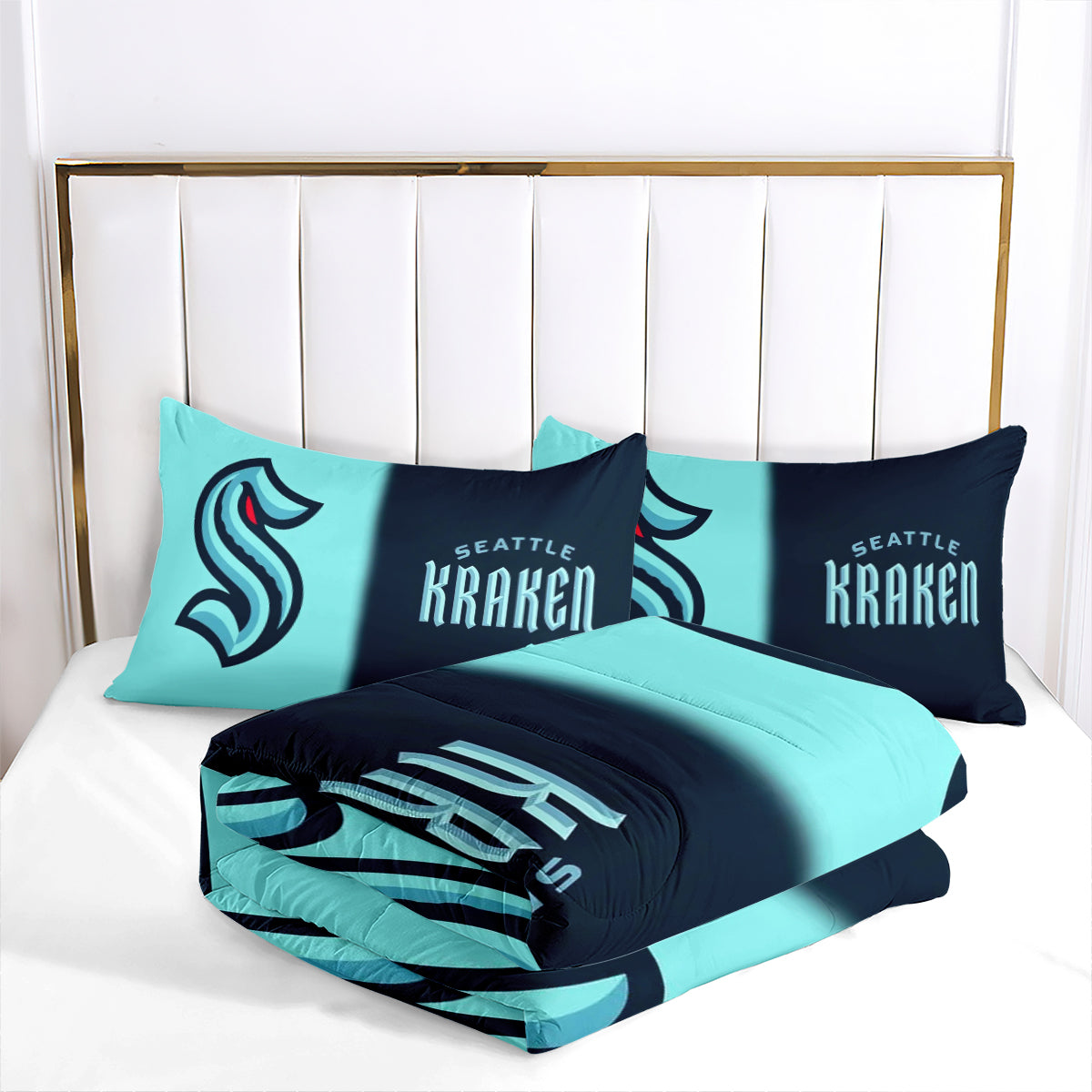 Seattle Hockey Kraken Comforter Pillowcases 3PC Sets Blanket All Season Reversible Quilted Duvet