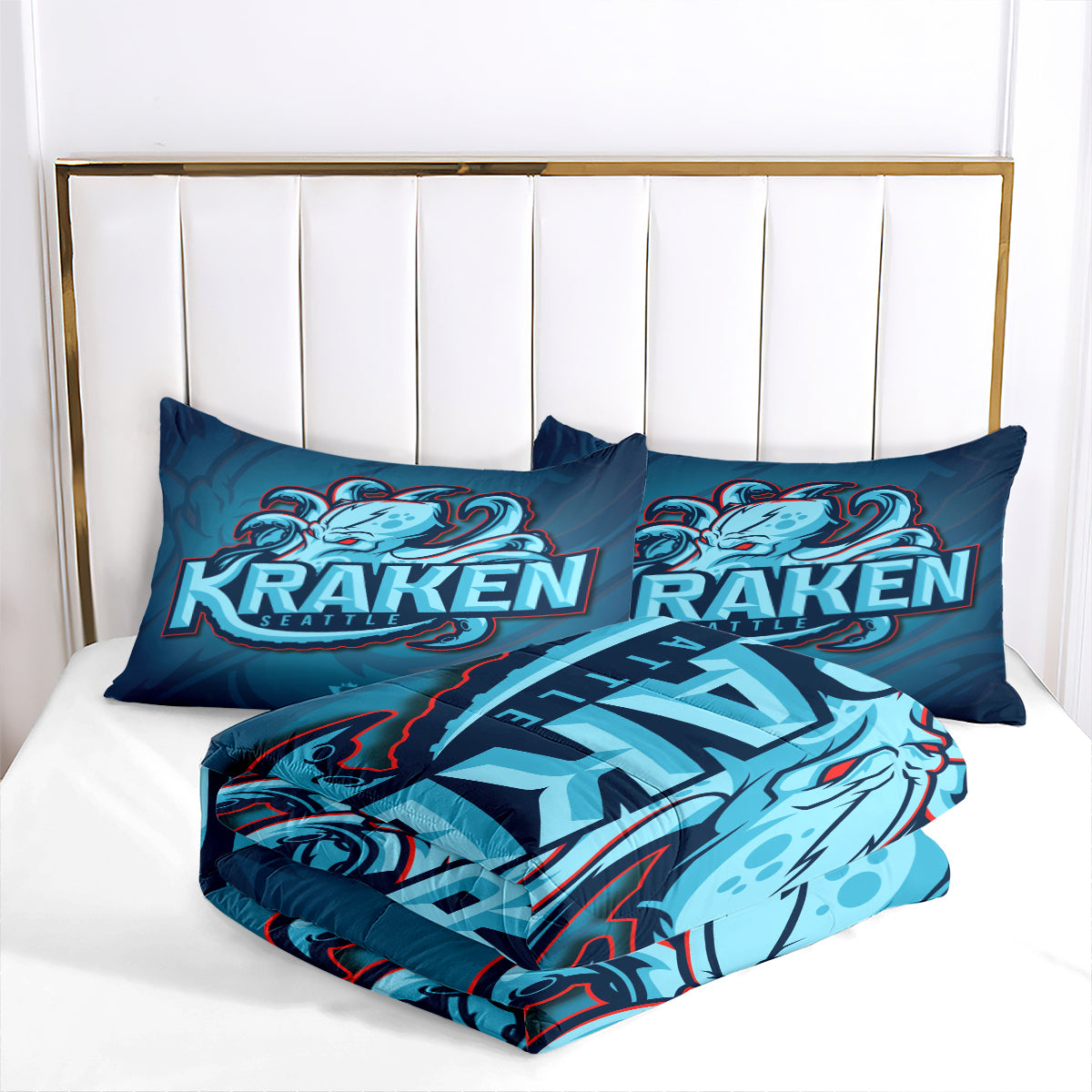 Seattle Hockey Kraken Comforter Pillowcases 3PC Sets Blanket All Season Reversible Quilted Duvet