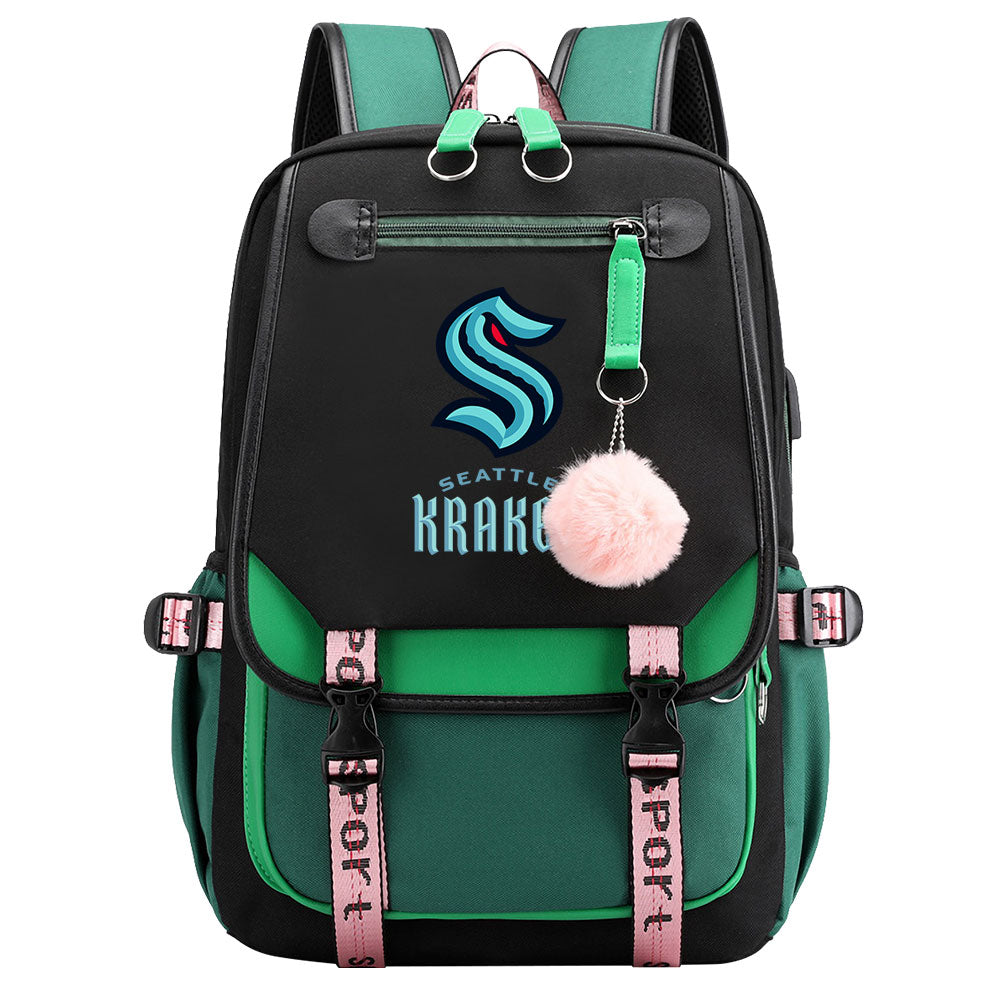 Seattle Kraken Hockey League Waterproof Backpack School Notebook Travel Bag USB Charging