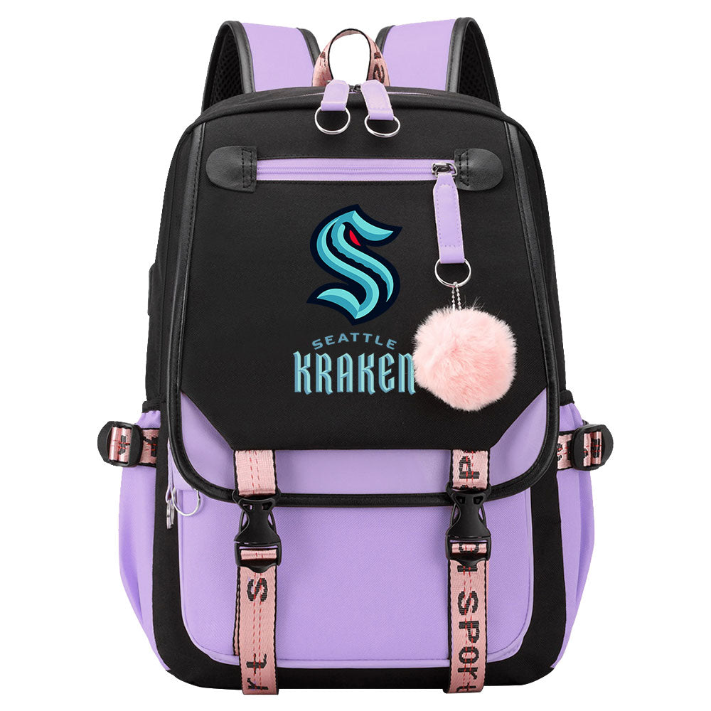 Seattle Kraken Hockey League Waterproof Backpack School Notebook Travel Bag USB Charging