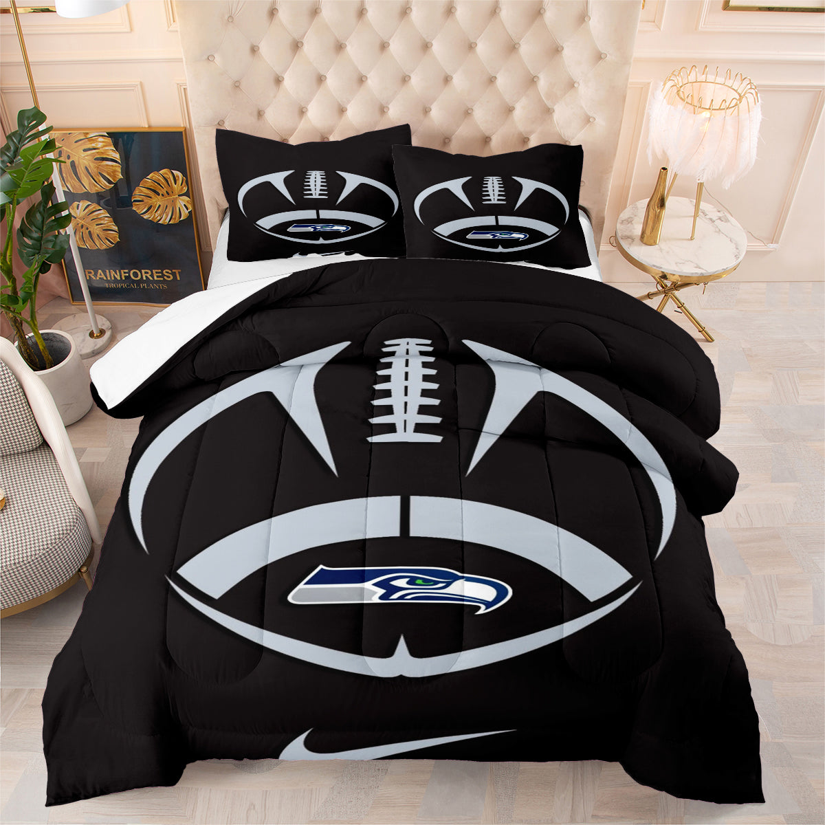 Seattle Rugby Seahawks Comforter Pillowcases 3PC Sets Blanket All Season Reversible Quilted Duvet