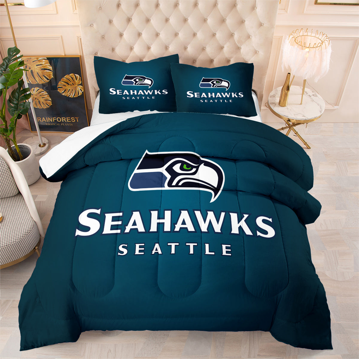 Seattle Rugby Seahawks Comforter Pillowcases 3PC Sets Blanket All Season Reversible Quilted Duvet