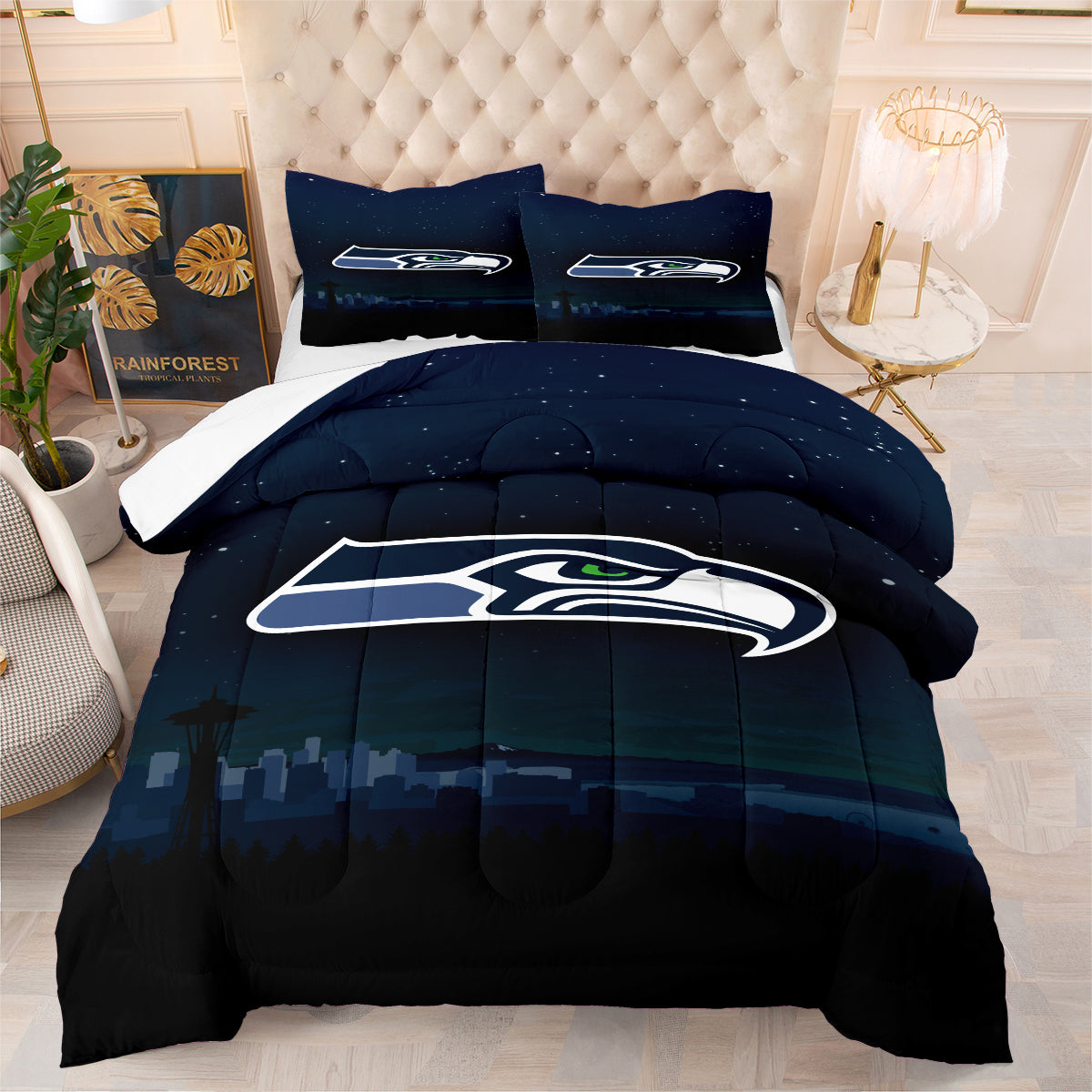 Seattle Rugby Seahawks Comforter Pillowcases 3PC Sets Blanket All Season Reversible Quilted Duvet