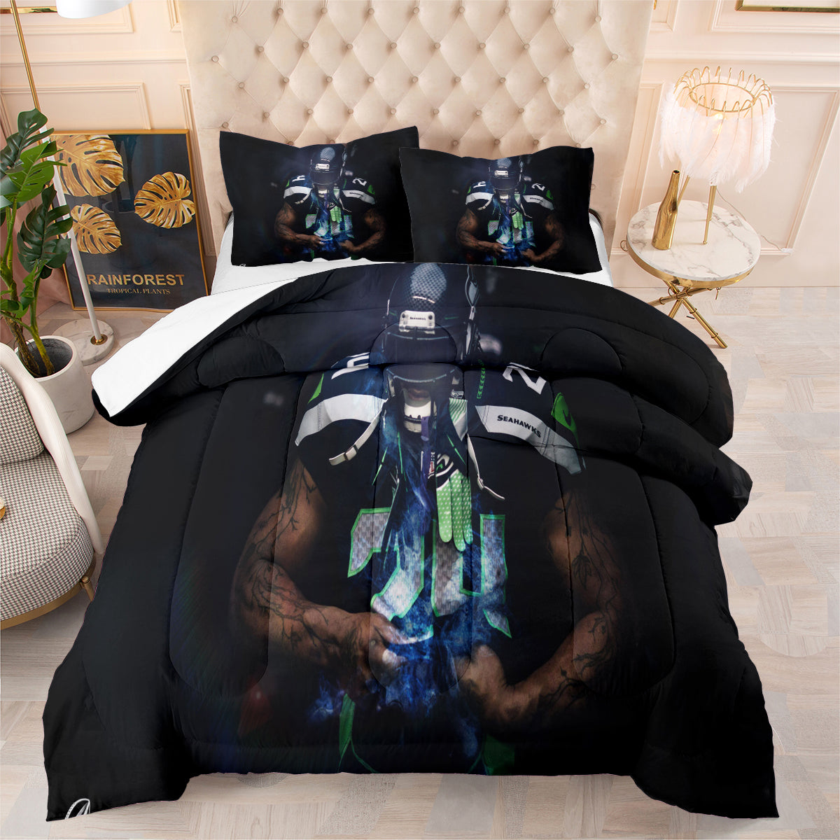 Seattle Rugby Seahawks Comforter Pillowcases 3PC Sets Blanket All Season Reversible Quilted Duvet