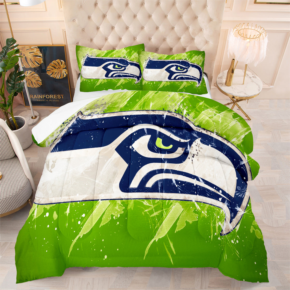 Seattle Rugby Seahawks Comforter Pillowcases 3PC Sets Blanket All Season Reversible Quilted Duvet