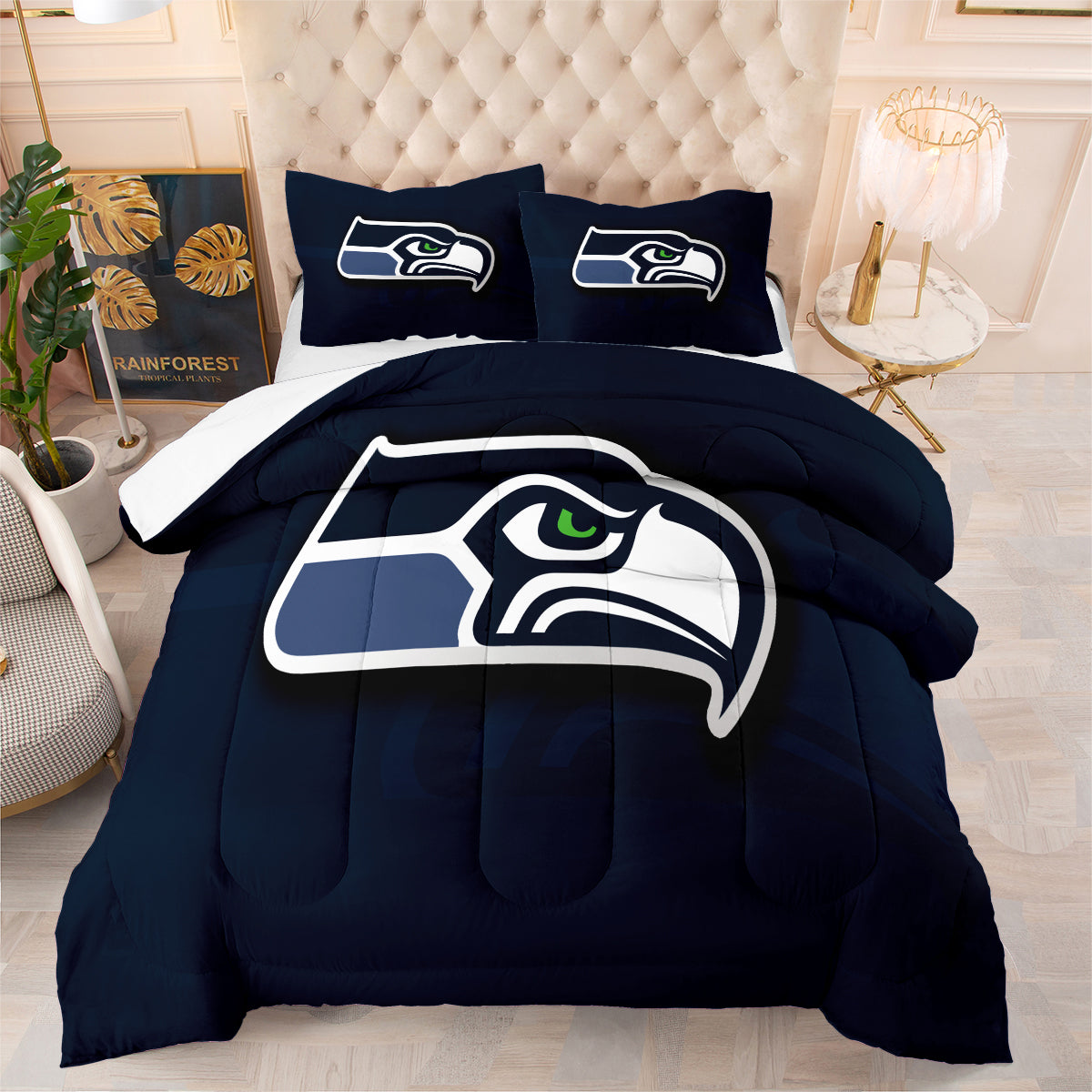 Seattle Rugby Seahawks Comforter Pillowcases 3PC Sets Blanket All Season Reversible Quilted Duvet